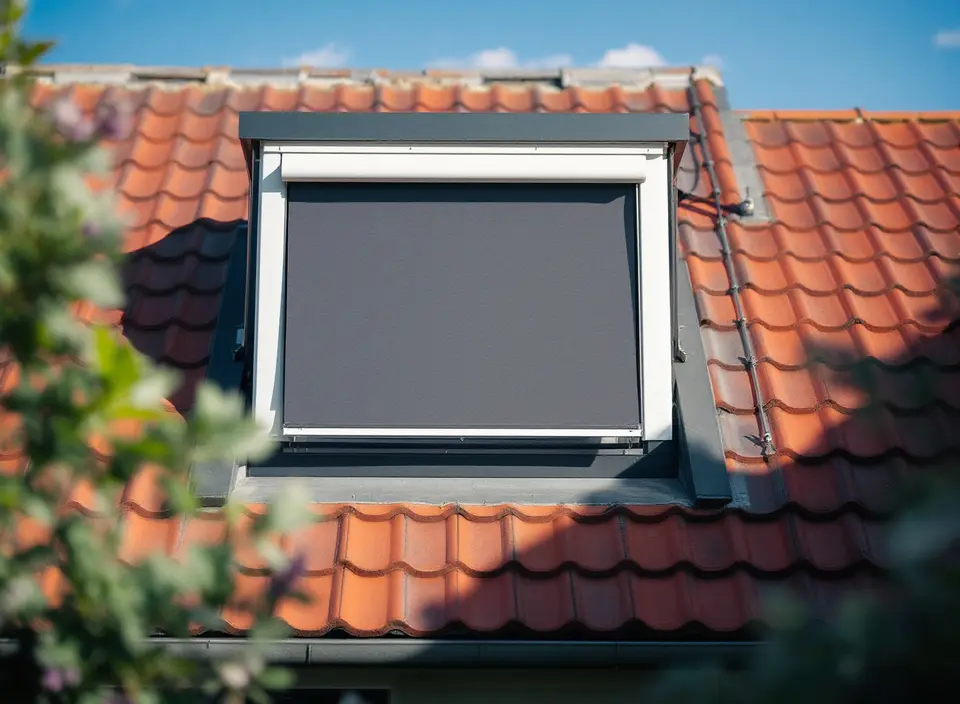 Dakkapel in een pannendak met een donker screen aan de buitenkant, in de zon