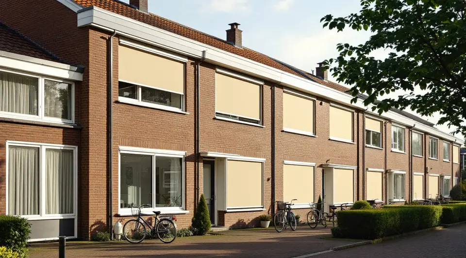Rij Nederlandse bakstenen rijtjeshuizen in de middagzon, met zandkleurige screens in geleiders omlaag voor de ramen