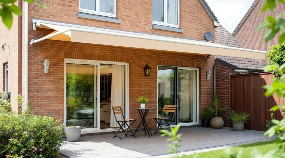 Uitgerold knikarmscherm met zichtbare knikarm boven een terras met tafel en twee stoelen achter een bakstenen huis