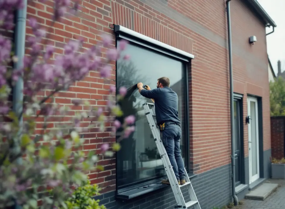 Monteur op een ladder bevestigt de kast van een screen boven een raam van een bakstenen huis