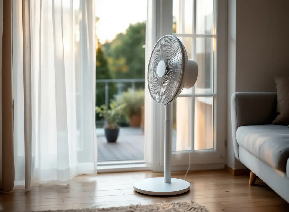 Witte staande ventilator in een woonkamer voor openstaande tuindeuren in het avondlicht